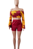 Red Casual Print Patchwork Off Shoulder Long Sleeve Two Pieces
