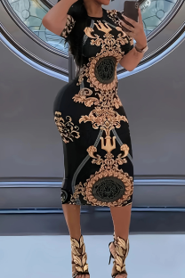 Black Sexy Print Patchwork O Neck Long Dresses