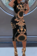 Black Sexy Print Patchwork O Neck Long Dresses