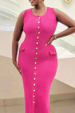 Rose Red Casual Solid Color Buckle Slit V Neck Long Dresses
