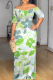 Gray Green Casual Print Patchwork Off Shoulder Long Dresses