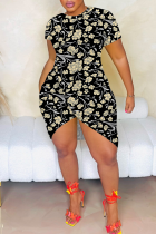 Black Sexy Print Slit O Neck Wrapped Skirt Dresses