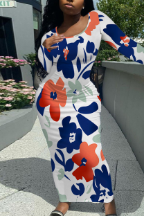 Blue Casual Print Patchwork O Neck Long Dresses