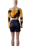 Red Casual Print Patchwork Off Shoulder Long Sleeve Two Pieces