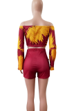 Red Casual Print Patchwork Off Shoulder Long Sleeve Two Pieces