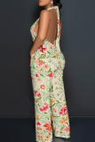 Rose Red Casual Print Backless Halter Loose Jumpsuits