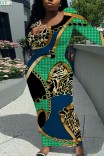 Green Casual Print Patchwork O Neck Long Dresses