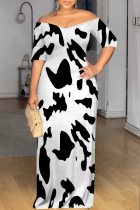 White Casual Print Patchwork Off Shoulder Long Dresses