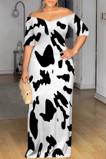 White Casual Print Patchwork Off Shoulder Long Dresses