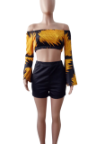 Red Casual Print Patchwork Off Shoulder Long Sleeve Two Pieces