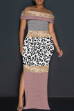 Black Casual Print Slit Off Shoulder Long Dresses