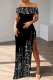 Black Casual Print Slit Off Shoulder Long Dresses