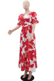Red Casual Print Strap Design V Neck Long Dresses