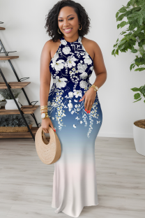 Gradient Color Casual Print Patchwork O Neck Long Dresses