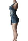 Blue Sexy Solid Color With Belt Zipper V Neck Sleeveless Regular Denim Jumpsuits