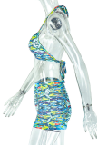 Green Sexy Print Strap Design Halter Sleeveless Two Pieces