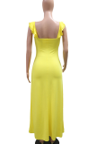 Yellow Sexy Solid Color Hollow Out High Slit Flounce Spaghetti Strap Irregular Dresses