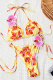Yellow Sexy Print Strap Design Swimwears