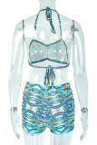 Green Sexy Print Strap Design Halter Sleeveless Two Pieces