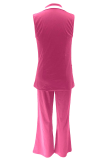 Rose Red Casual Solid Color Buttons Turndown Collar Sleeveless Two Pieces