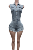 Light Blue Sexy Solid Color Pocket Buckle Turndown Collar Sleeveless Regular Denim Jumpsuits