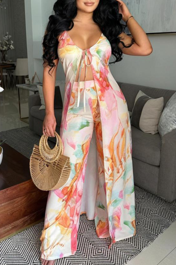 Pink Sexy Print Strap Design Spaghetti Strap Sleeveless Two Pieces