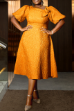 Orange Casual Solid Color Jacquard Flower Shape O Neck Long Dresses