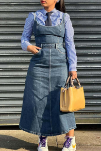Blue Casual Solid Color Pocket Spaghetti Strap Sleeveless Loose Denim Dresses