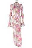 Pink Elegant Print Patchwork Turtleneck Long Dresses