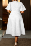 Orange Casual Solid Color Jacquard Flower Shape O Neck Long Dresses