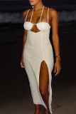 White Sexy Solid Color High Slit Spaghetti Strap Long Dresses