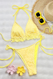 Yellow Sexy Solid Color Backless Strap Design Swimwears
