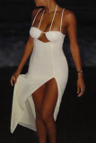White Sexy Solid Color High Slit Spaghetti Strap Long Dresses