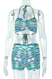 Green Sexy Print Strap Design Halter Sleeveless Two Pieces