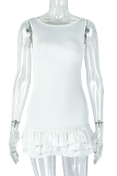 White Sexy Solid Color Pleated O Neck Wrapped Skirt Dresses