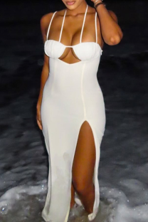 White Sexy Solid Color High Slit Spaghetti Strap Long Dresses
