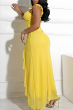Yellow Sexy Solid Color Hollow Out High Slit Flounce Spaghetti Strap Irregular Dresses