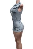 Light Blue Sexy Solid Color Pocket Buckle Turndown Collar Sleeveless Regular Denim Jumpsuits
