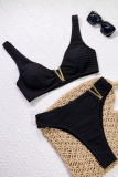 Black Sexy Solid Color Metal Accessories Trim Swimwears