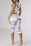 White Casual Print Patchwork O Neck Sleeveless Two Pieces