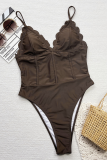 Coffee Sexy Solid Color Backless Swimwears