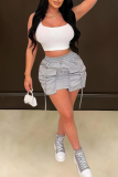 Green Casual Solid Color Draw String Pocket Mid Waist Regular Denim Skirts