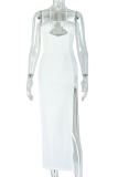 White Sexy Solid Color High Slit Spaghetti Strap Long Dresses