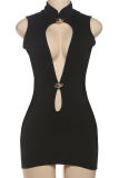 Black Sexy Solid Color Hollow Out O Neck Wrapped Skirt Dresses