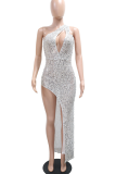 Silver Sexy Solid Color Hollow Out Sequins High Slit Oblique Collar Long Dresses