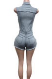 Light Blue Sexy Solid Color Pocket Buckle Turndown Collar Sleeveless Regular Denim Jumpsuits