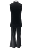 Rose Red Casual Solid Color Buttons Turndown Collar Sleeveless Two Pieces