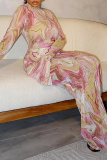 Pink Elegant Print Patchwork Turtleneck Long Dresses