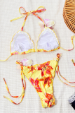 Yellow Sexy Print Strap Design Swimwears
