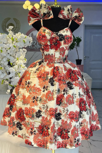 Red White Sexy Print Bow Decor Spaghetti Strap Printed Dresses